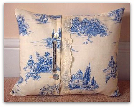 Toile De Jouy And Broderie Anglaise Cushion Cover In French Blue And Cream 30cm X 40cm